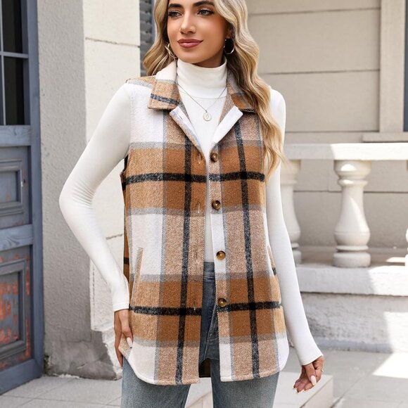 Khaki Women's Plaid Vest 2025 - Stylish Sleeveless Flannel Jacket with Pockets - Picture 2 of 5